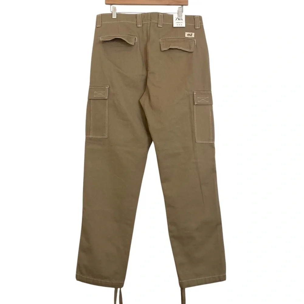 ZARA Denim Cargo Pants 34 Brown Topstitched Straight Baggy Drawstring Leg
